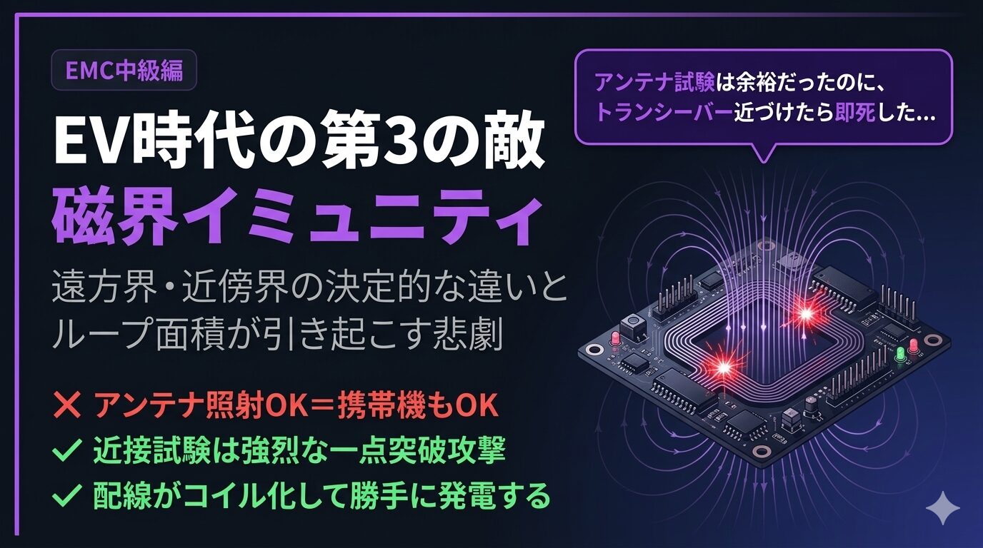 「遠方界・近傍界の決定的な違いと」「磁界イミュニティ　ループ面積が引き起こす悲劇」